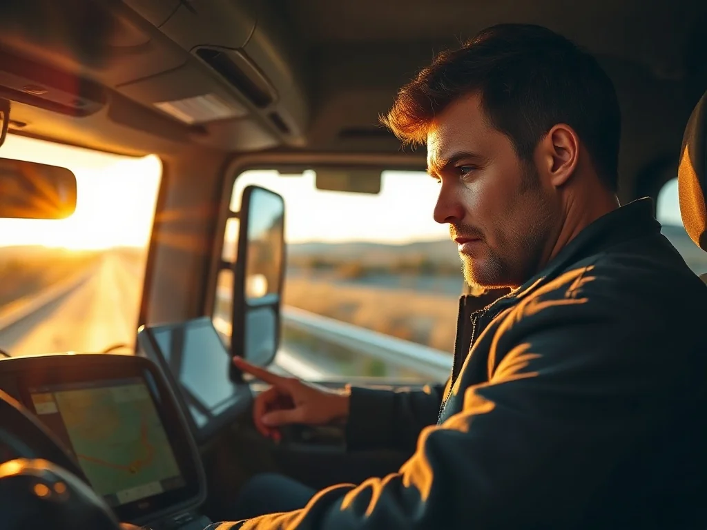 Kierowca ciężarówki korzystający z nowoczesnej nawigacji GPS w kabinie pojazdu podczas jazdy autostradą.