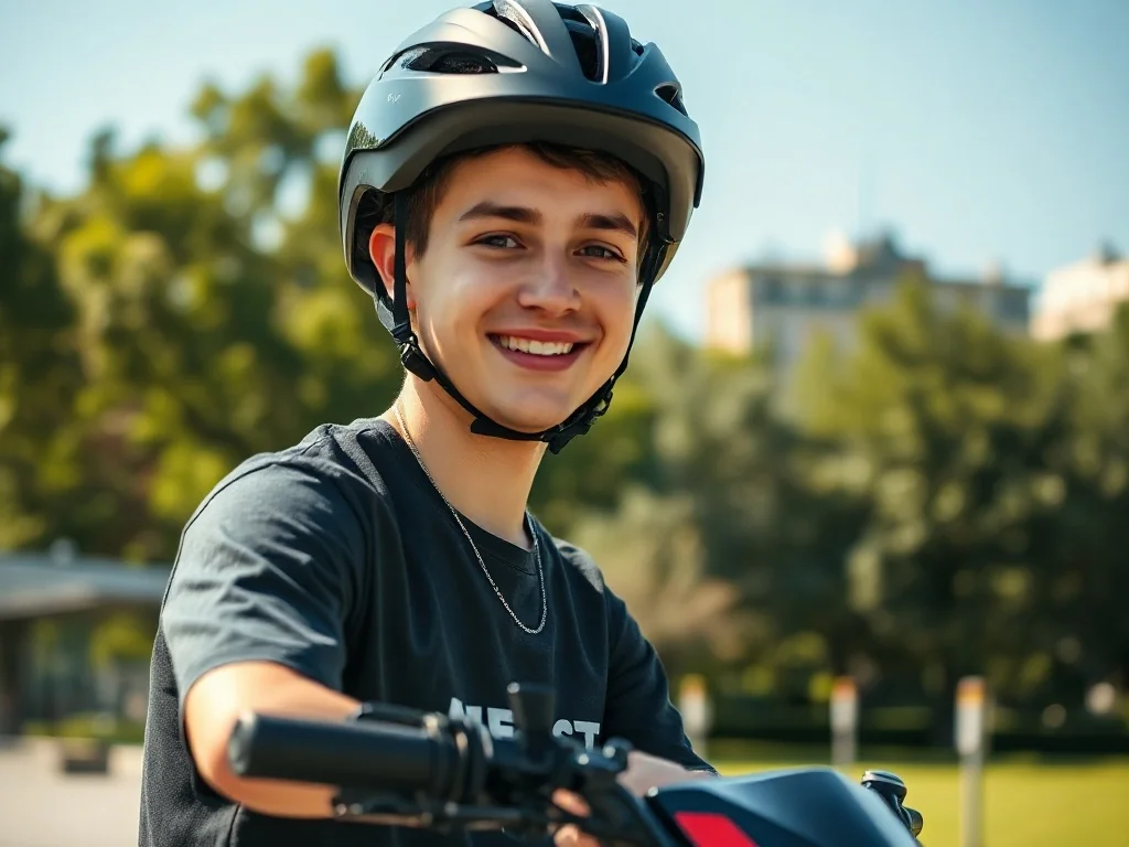 Uśmiechnięty nastolatek w kasku na nowoczesnym skuterze elektrycznym w słonecznym parku miejskim.