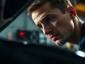 Mechanik w profesjonalnym warsztacie diagnozuje silnik samochodu przy użyciu specjalistycznego sprzętu.