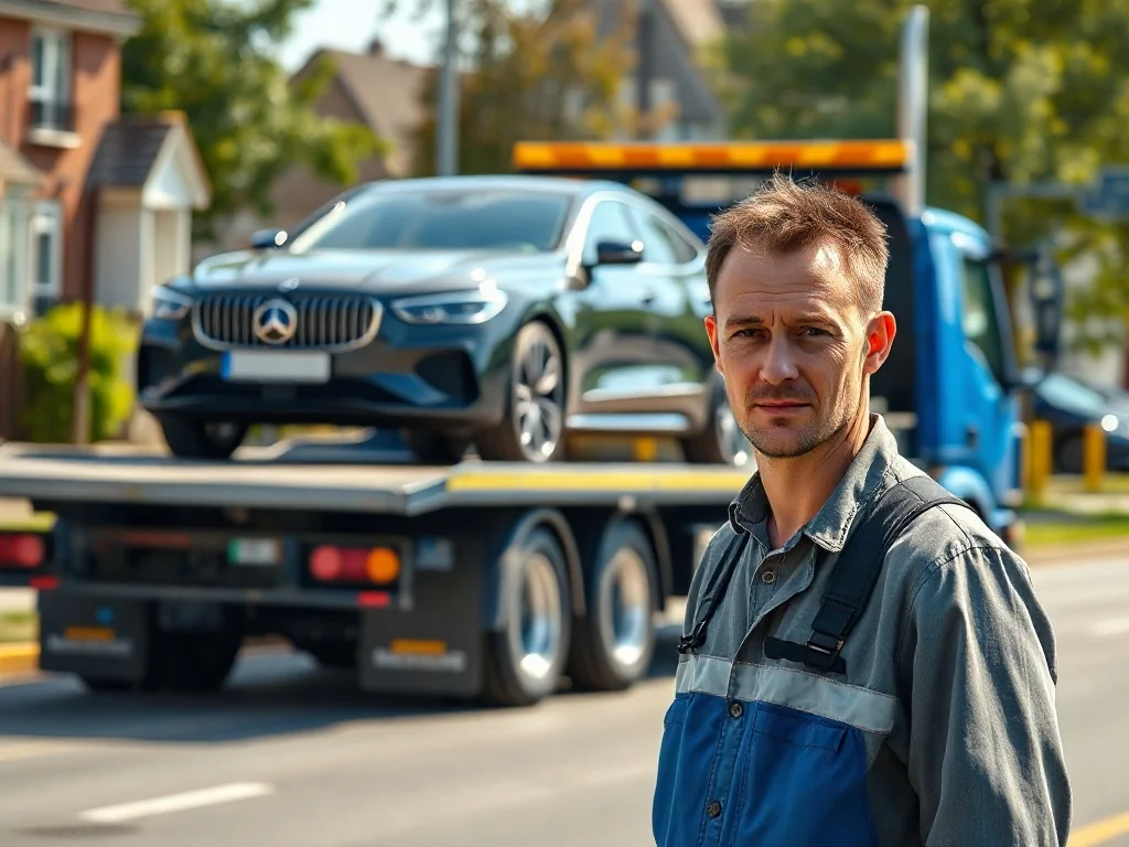 Profesjonalny kierowca lawety przygotowuje luksusowy samochód do transportu na nowoczesnej platformie.